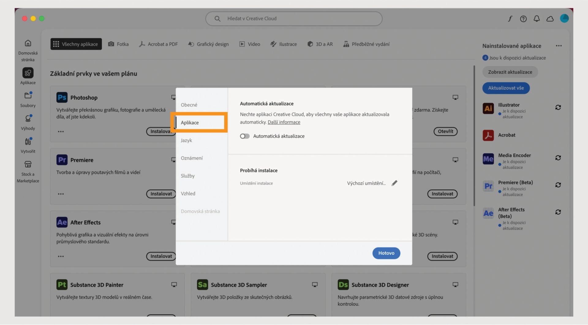 Panel předvoleb Adobe Creative Cloud otevřený na kartě Aplikace, zobrazující možnosti automatické aktualizace, umístění instalace a využití šířky pásma.