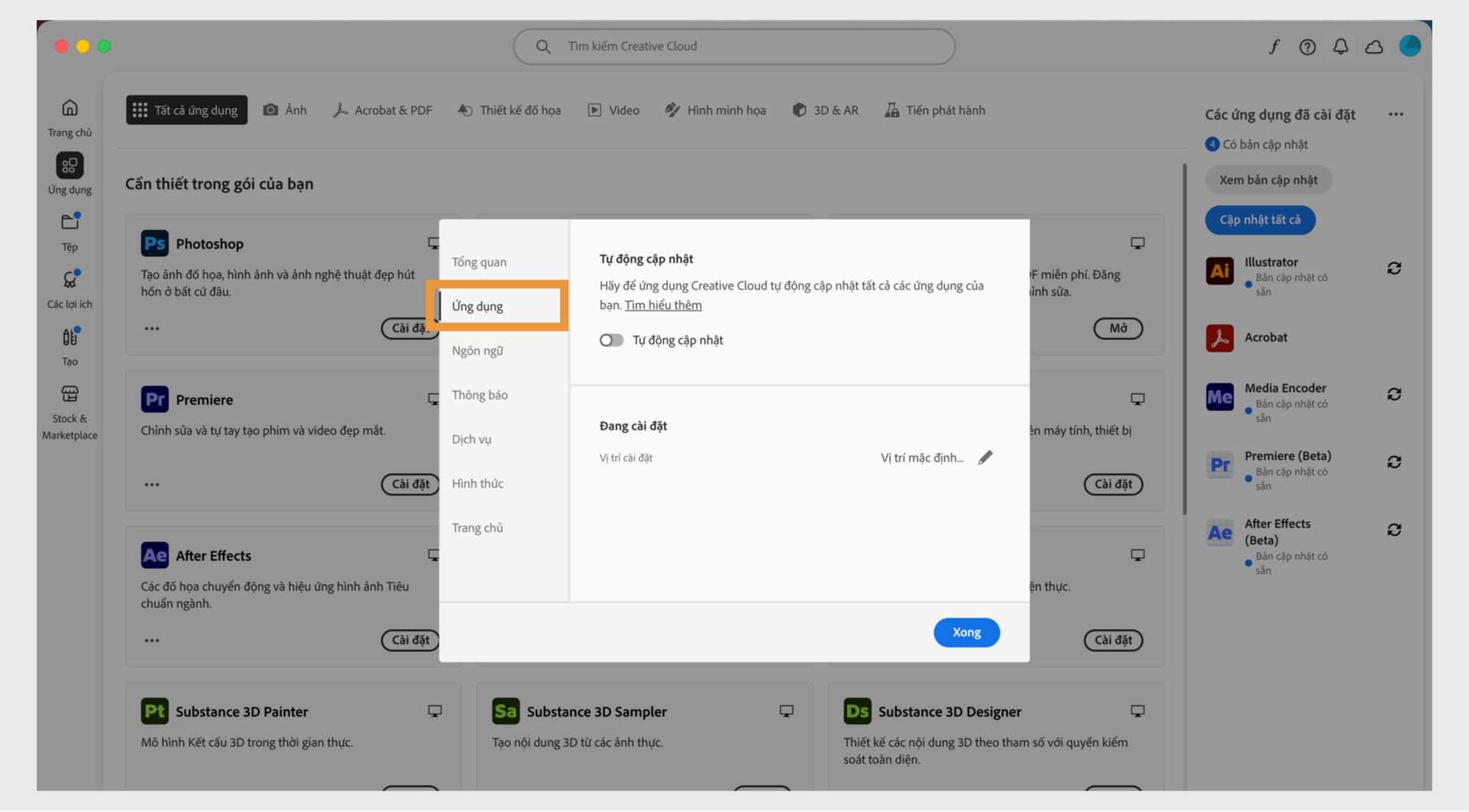 Bảng lựa chọn ưu tiên của Adobe Creative Cloud đang mở trên tab "Ứng dụng", hiển thị các tùy chọn tự động cập nhật, vị trí cài đặt và mức sử dụng băng thông.