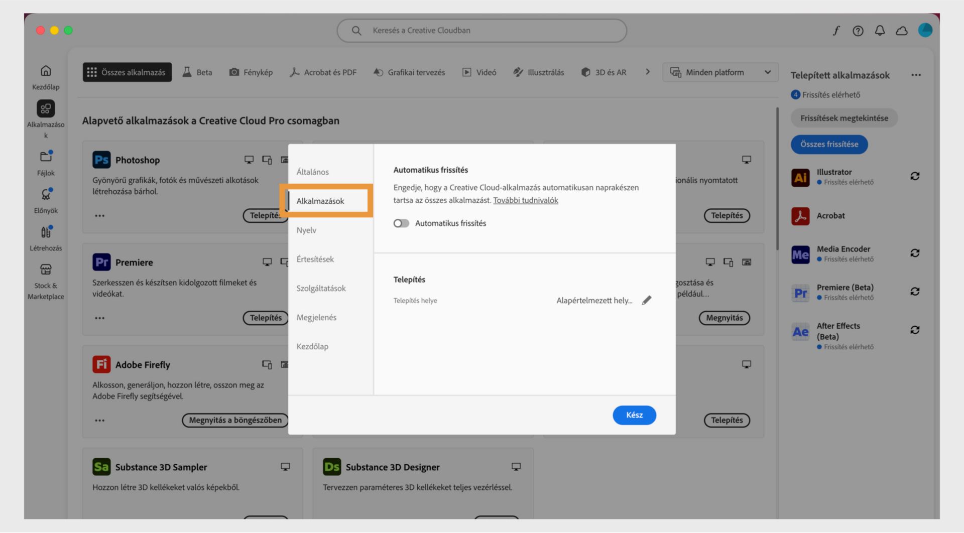Az Adobe Creative Cloud beállítások panel megnyitva az „Alkalmazások” fülön, mutatva az automatikus frissítés, telepítési hely és sávszélesség-használat lehetőségeket.