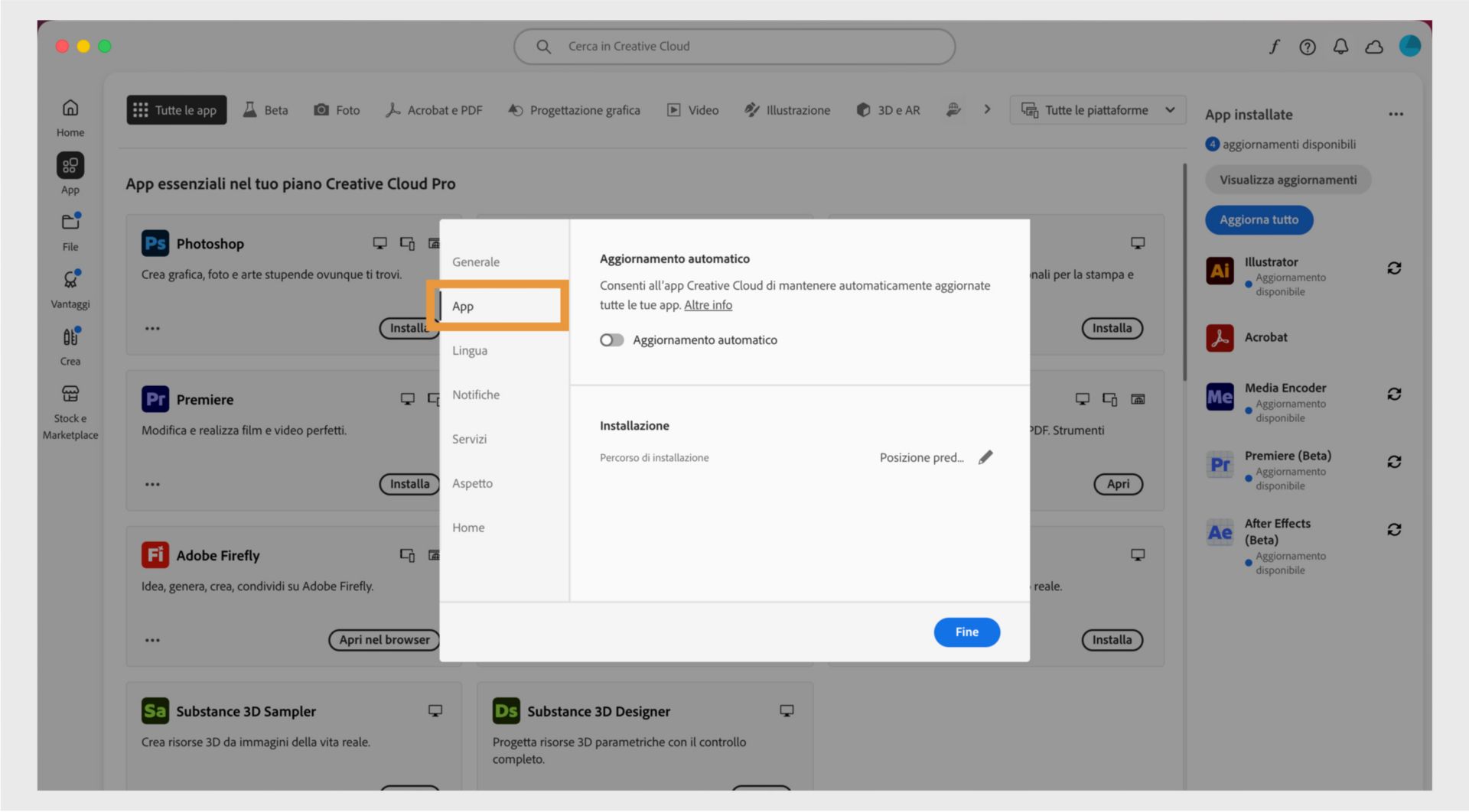 Pannello delle preferenze di Adobe Creative Cloud aperto nella scheda “Applicazioni”, che mostra le opzioni per l’aggiornamento automatico, la posizione di installazione e l’utilizzo della larghezza di banda.