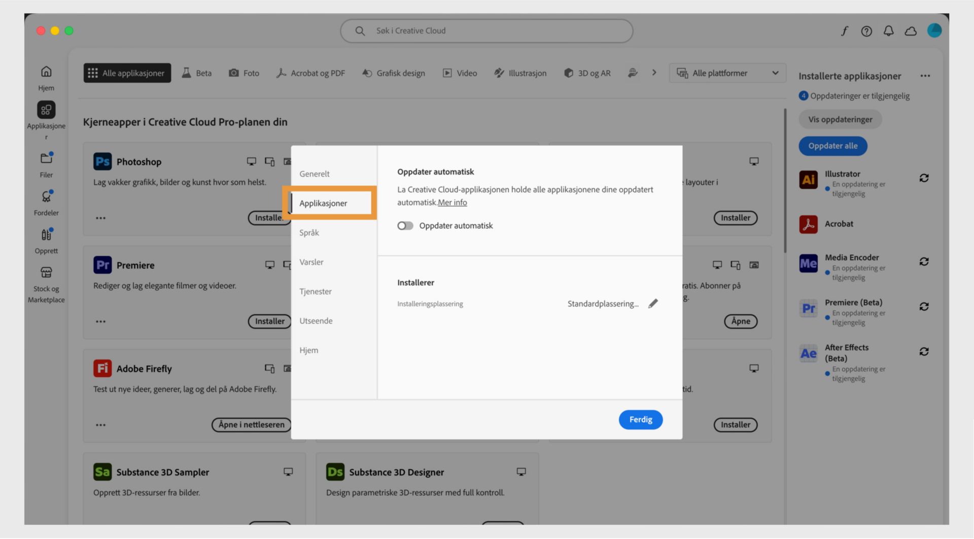 Adobe Creative Cloud-innstillingspanelet åpent på «Apper»-fanen, som viser alternativer for automatisk oppdatering, installasjonssted og båndbreddebruk.