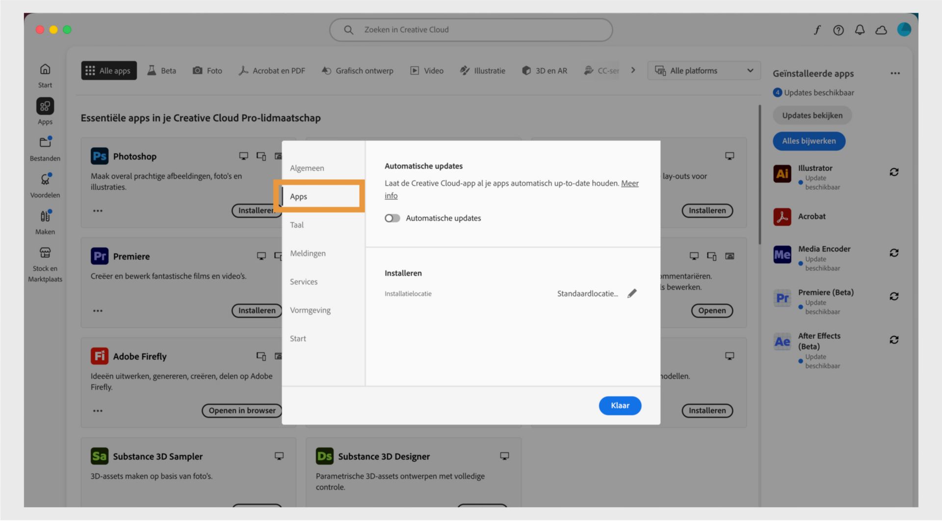 Het deelvenster Voorkeuren van Adobe Creative Cloud is geopend op het tabblad Apps met opties voor automatisch bijwerken, installatielocatie en bandbreedtegebruik.