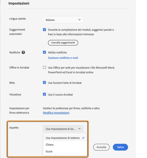 Imposta l’aspetto in Acrobat online