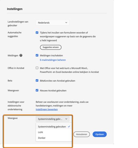 Het uiterlijk van Acrobat online instellen