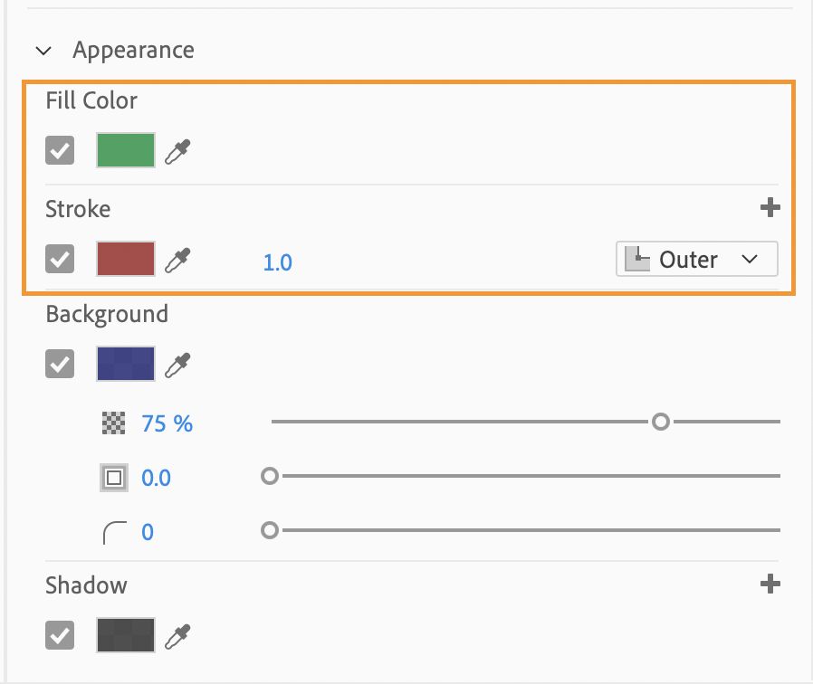 Clicking the color for fill, stroke, or shadow