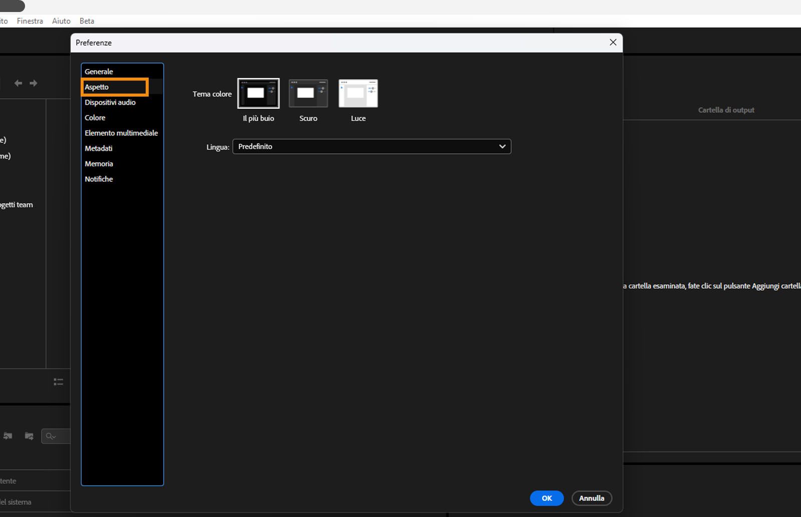 La finestra di dialogo Preferenze è aperta e la scheda Aspetto è selezionata, mostrando i campi e le opzioni nella scheda Aspetto.