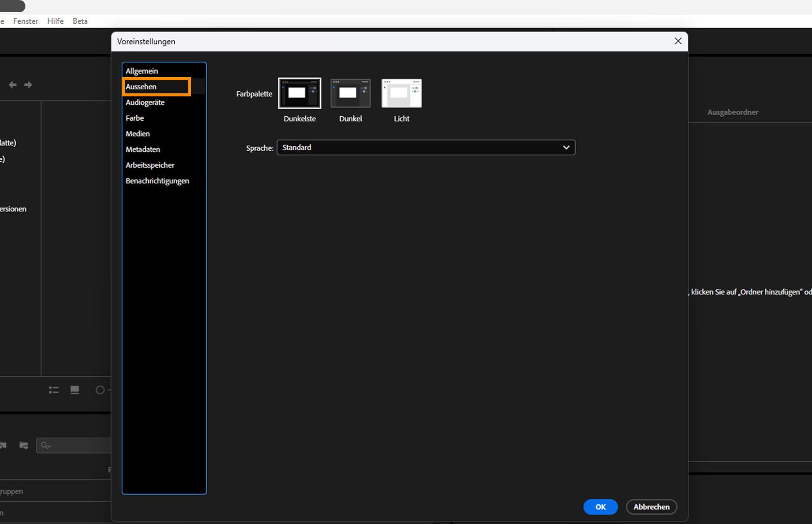 Das Dialogfeld „Voreinstellungen“ ist geöffnet, die Registerkarte „Aussehen“ ist ausgewählt und die Felder und Optionen auf der Registerkarte „Aussehen“ werden angezeigt. 
