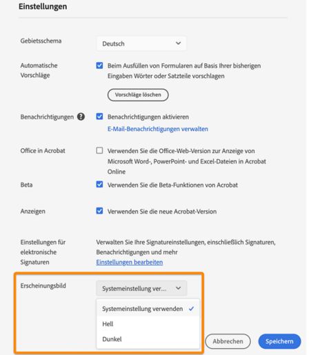 Erscheinungsbild in Acrobat Online festlegen