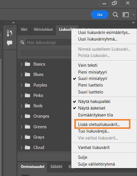 lisää oletusliukuvärit