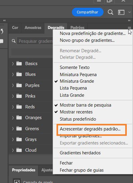 acrescentar gradientes padrão