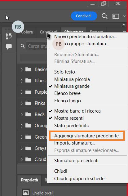 aggiungi sfumature predefinite