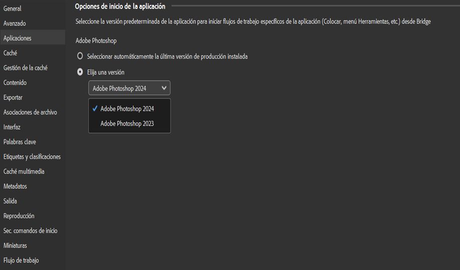 Se muestra el cuadro de diálogo Preferencias de aplicaciones de Adobe Bridge. Ahora, el usuario puede seleccionar entre las opciones de inicio de aplicaciones la versión de Photoshop que desea para los flujos de trabajo de menú de Colocar y Herramientas.