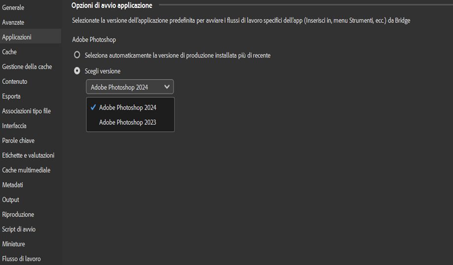 Si apre la finestra di dialogo delle preferenze Applicazioni di Adobe Bridge. L’utente può ora selezionare da Opzioni di avvio dell’applicazione la versione di Photoshop desiderata per i flussi di lavoro del menu Inserisci e Strumenti.