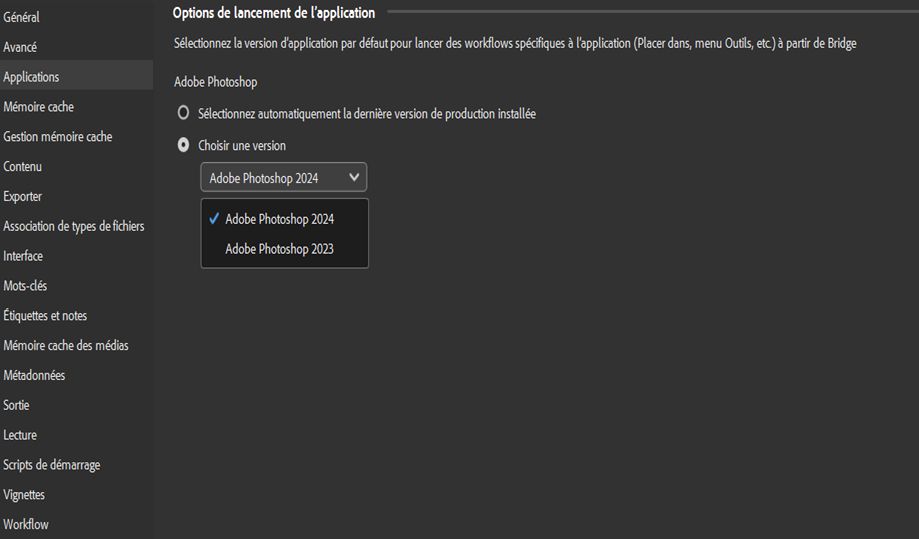 La boîte de dialogue des préférences relatives aux applications d’Adobe Bridge s’affiche. L’utilisateur peut désormais sélectionner, dans les options de lancement de l’application, la version de Photoshop souhaitée pour les workflows des menus Importer et Outils.