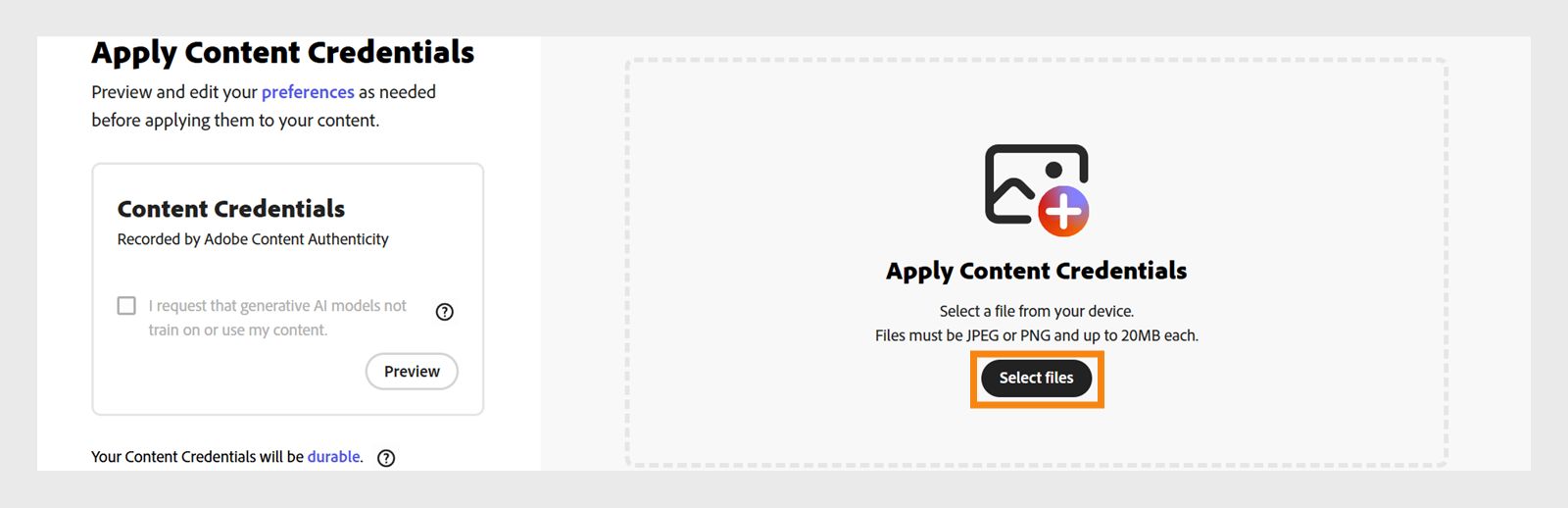 في قسم Apply، حدد زر Select files باللون الأسود في منتصف الشاشة لاستعراض ملف من جهازك.