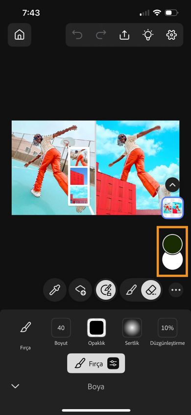 iPhone'da Photoshop tuvali, ön plan rengini eklemek için kullanılan vurgulanmış Renk seçiciyi görüntüler.