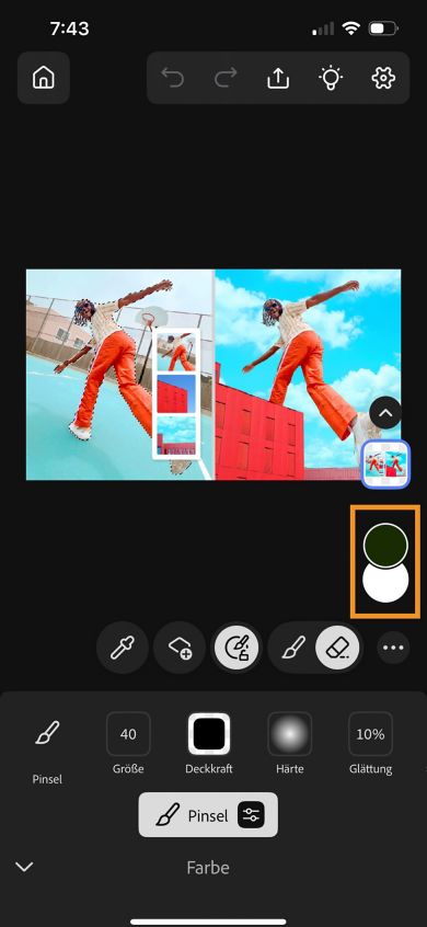 Die Arbeitsfläche von Photoshop auf dem iPhone zeigt die hervorgehobene Farbauswahl an, die verwendet wird, um die Vordergrundfarbe hinzuzufügen.