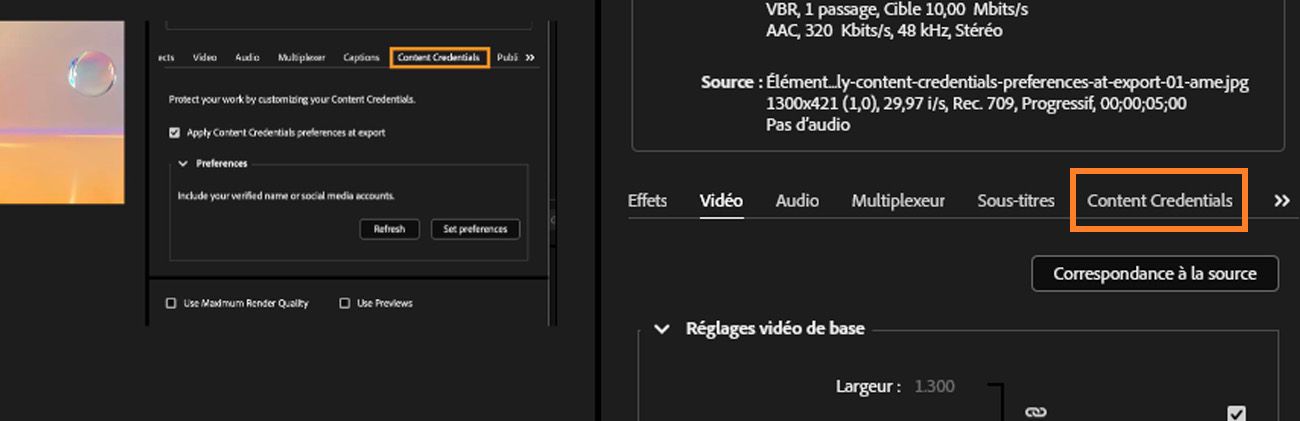 Adobe Media Encoder affichant l’onglet Content Credentials avec les options pour appliquer les préférences lors de l’export.