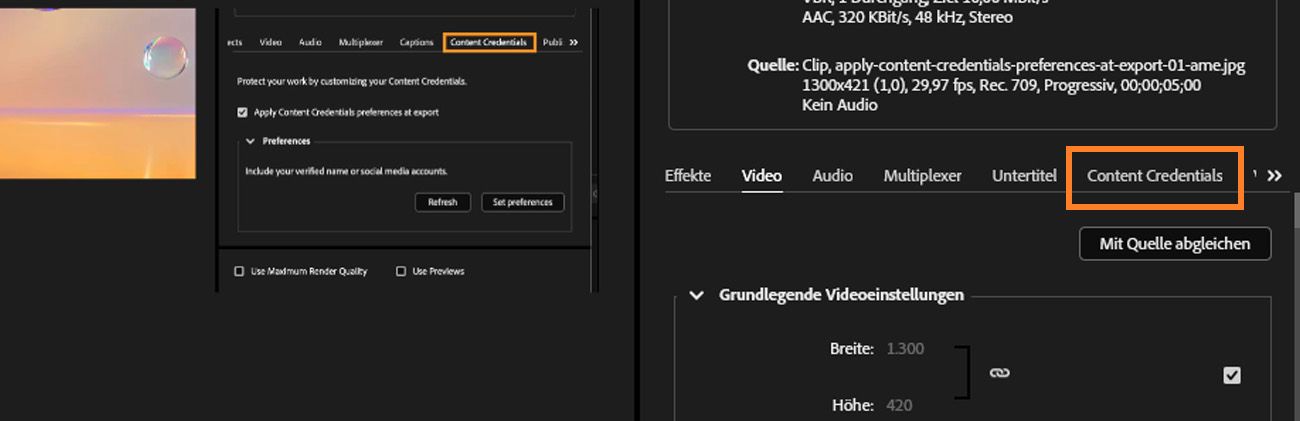 Adobe Media Encoder mit der Registerkarte „Content Credentials“ und Optionen zum Anwenden von Voreinstellungen beim Export.