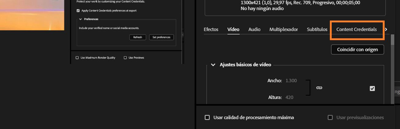 Adobe Media Encoder mostrando la pestaña Content Credentials con las opciones para aplicar preferencias en la exportación.