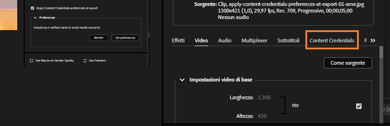 Adobe Media Encoder che mostra la scheda Content Credentials con opzioni per applicare le preferenze durante l’esportazione.