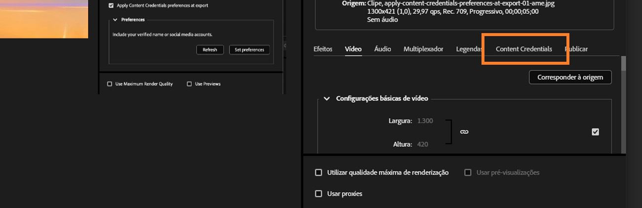 Adobe Media Encoder mostrando a guia Content Credentials com opções para aplicar preferências na exportação.