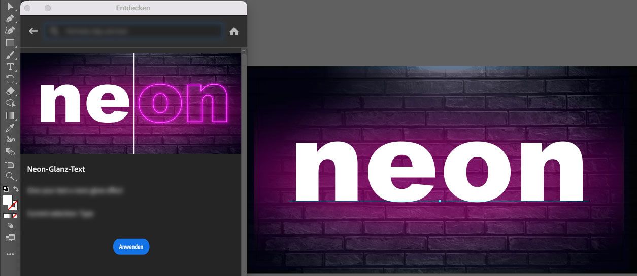 Klicken Sie im Bedienfeld „Entdecken“ > „Schnellaktionen“ auf „Anwenden“, um den Neon-Leuchttext hinzuzufügen.