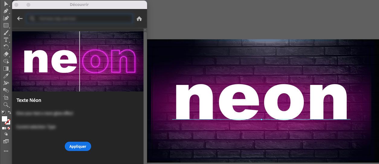 Cliquez sur Appliquer pour le texte avec effet néon dans le panneau Découvrir > Actions rapides.
