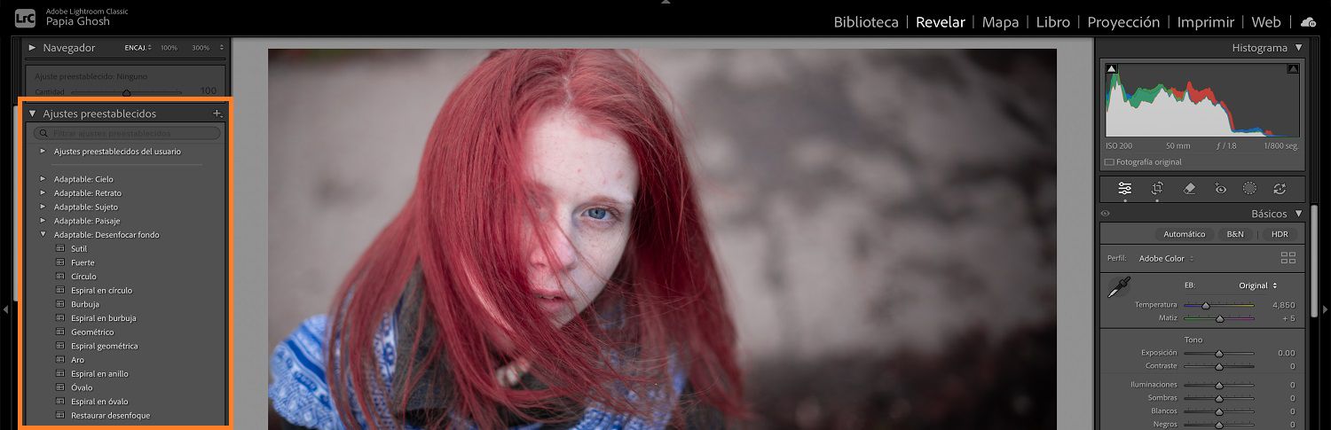 Se abre una imagen con dos niños con un perro en el lienzo de Lightroom donde se resalta el panel de ajustes preestablecidos.