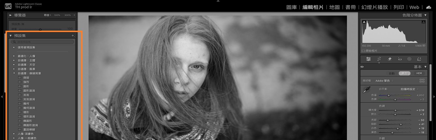 在 Lightroom 版面中開啟了內含兩個小孩和狗的影像，並強調顯示預設集面板。