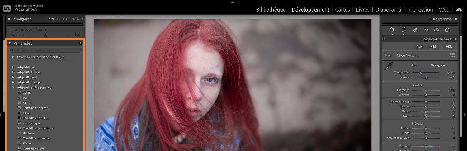 Une image représentant deux enfants avec un chien s’ouvre dans Lightroom, où le panneau des paramètres prédéfinis est mis en surbrillance.