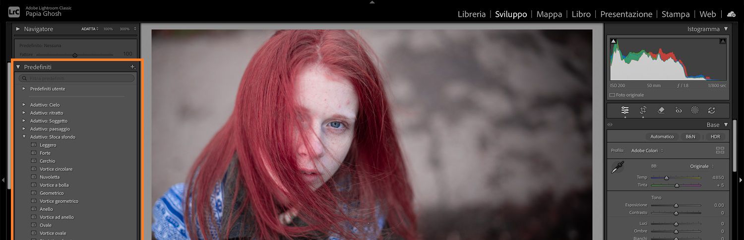 Un'immagine con due bambini e un cane è aperta nell'area di lavoro di Lightroom dove è evidenziato il pannello dei predefiniti.