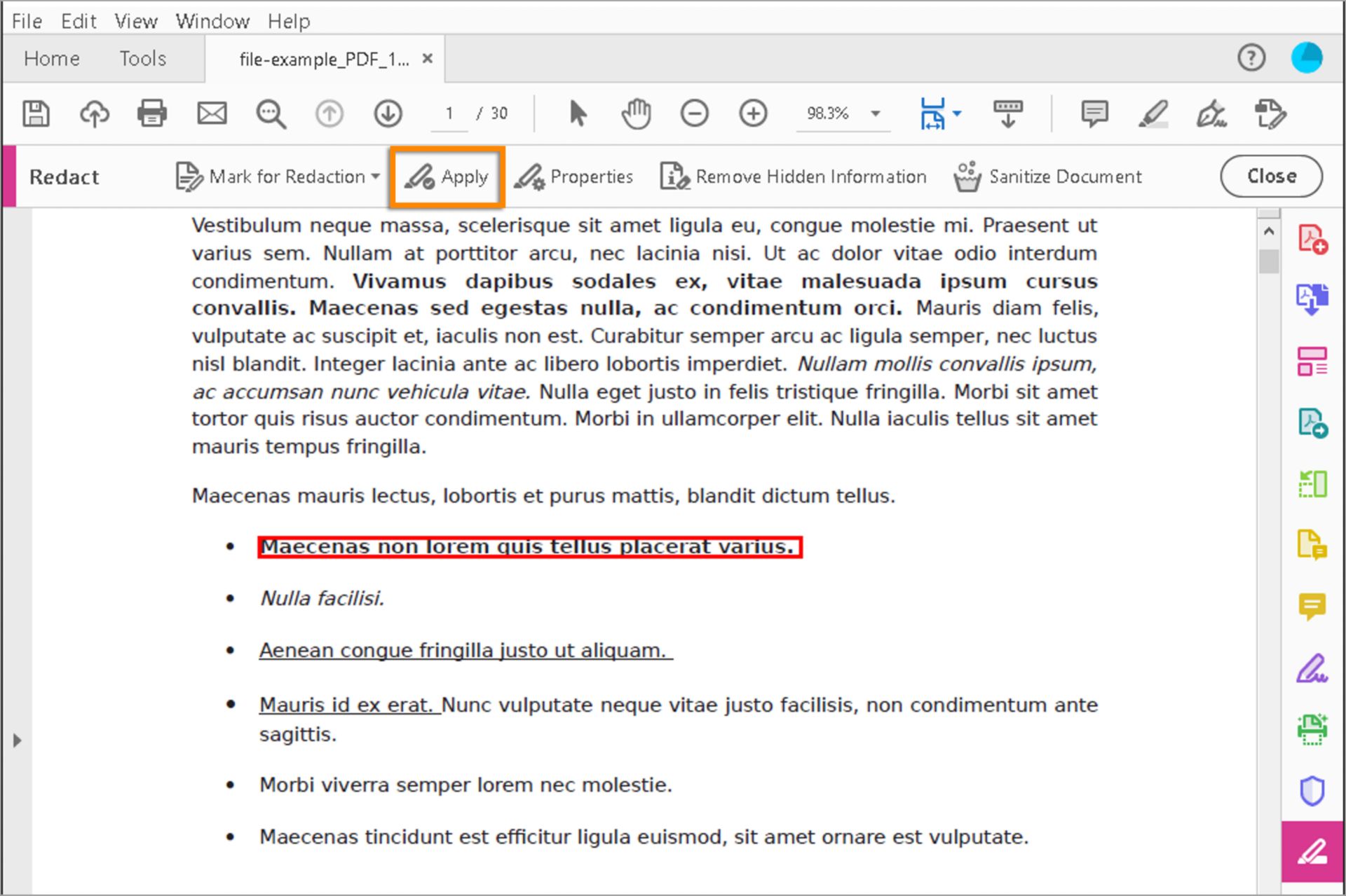 Marque el texto o las imágenes que desee censurar y, a continuación, haga clic en Aplicar.