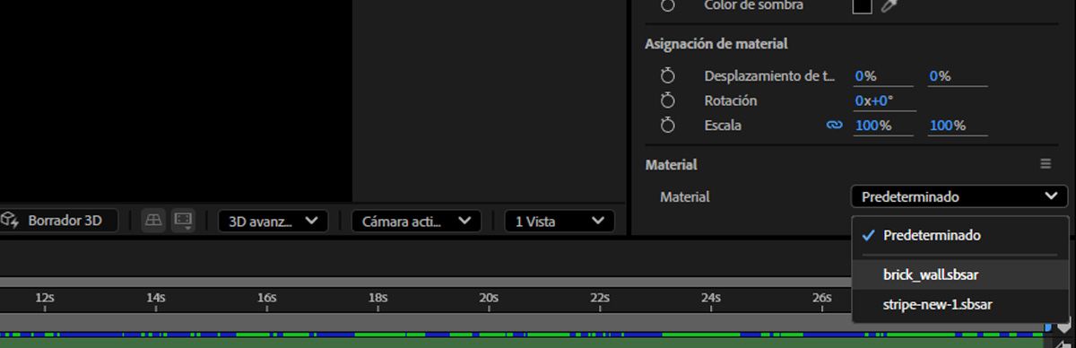 El menú desplegable Material en el panel Propiedades está abierto y uno de los SBSAR importados está seleccionado.