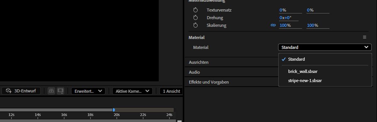 Das Material-Dropdown-Menü im Eigenschaften-Bedienfeld ist geöffnet und eine der importierten SBSARs ist ausgewählt.