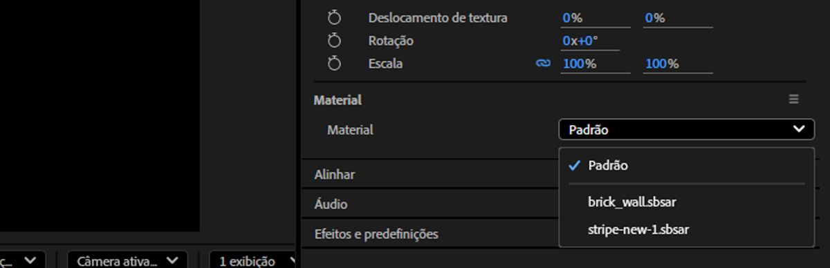 O menu suspenso Material no painel Propriedades está aberto, e um dos SBSARs importados está selecionado.