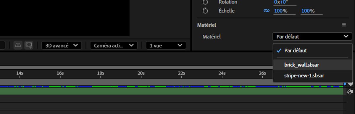 Le menu déroulant Matériel dans le panneau Propriétés est ouvert, et l’un des fichiers SBSAR importés est sélectionné.
