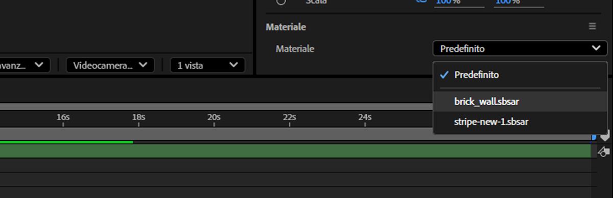 Il menu a discesa Materiale nel pannello Proprietà è aperto e uno degli SBSAR importati è selezionato.