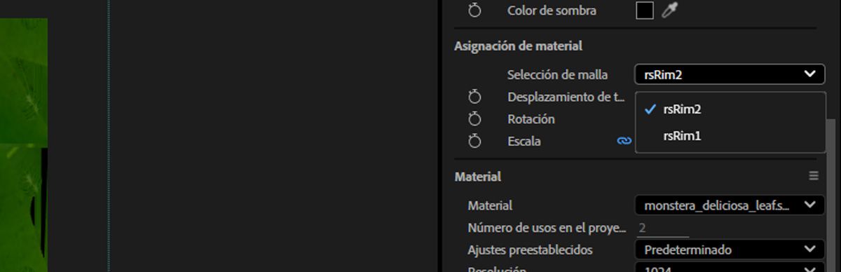 El menú desplegable Selección de malla en la sección Material en el panel Propiedades está abierto y uno de los múltiples materiales asignables está seleccionado. 