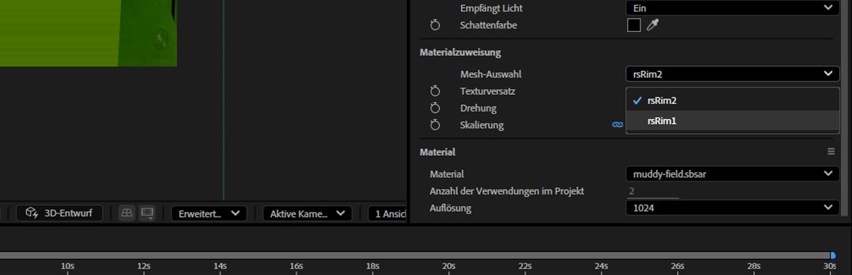 Das Dropdown-Menü „Mesh-Auswahl“ unter dem Abschnitt „Material“ im Bedienfeld „Eigenschaften“ ist geöffnet und eines der mehrfach zuweisbaren Materialien ist ausgewählt.