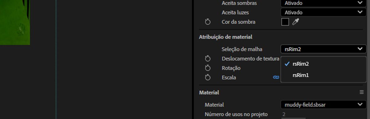 O menu suspenso Seleção de Malha sob a seção Material no painel Propriedades está aberto, e um dos vários materiais atribuíveis está selecionado.