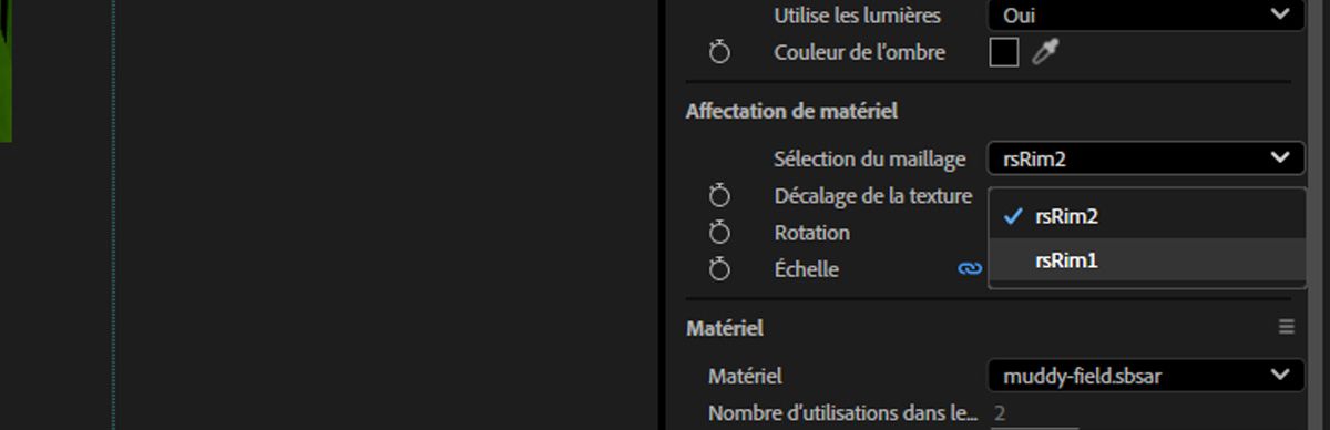 Le menu déroulant Sélection du maillage dans la section Matériel du panneau Propriétés est ouvert, et l’un des multiples matériels pouvant être affectés est sélectionné.
