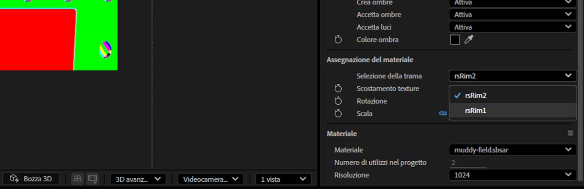 Il menu a discesa Selezione della trama nella sezione Materiale nel pannello Proprietà è aperto e uno dei diversi materiali assegnabili è selezionato.