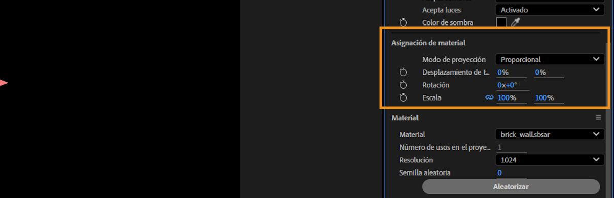 La sección Asignación de Material destaca opciones como Desplazamiento, Rotación y Repetir para ajustar cómo se aplica el material al modelo.