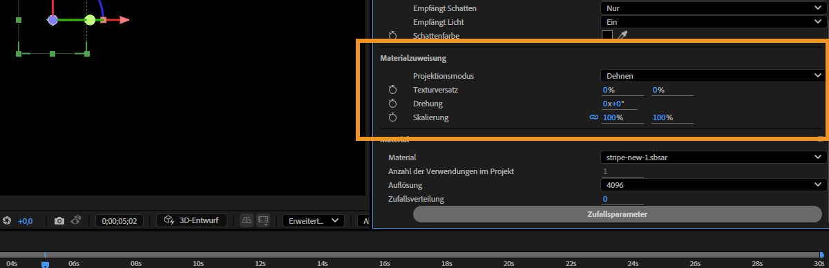 Der Bereich Materialzuweisung hebt Optionen wie Versatz, Rotation und Wiederholen hervor, um anzupassen, wie das Material auf das Modell angewendet wird.
