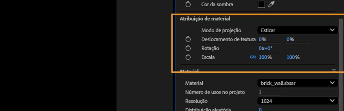 A seção Atribuição de Material destaca opções como Deslocamento, Rotação e Repetir para ajustar como o material é aplicado ao modelo.