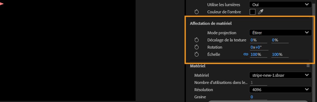 La section Affectation de matériel met en surbrillance des options telles que Décalage, Rotation et Répétition pour ajuster l’application du matériel sur le modèle.