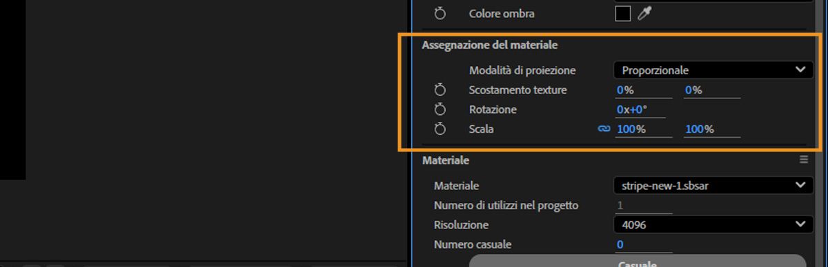 La sezione Assegnazione del materiale evidenzia opzioni come Scostamento, Rotazione e Ripetizione per regolare come il materiale viene applicato al modello.
