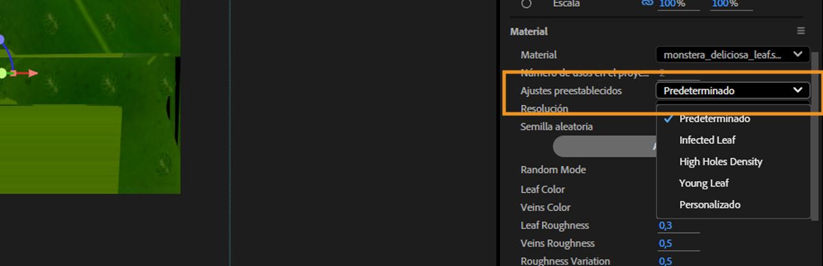 El menú desplegable Ajustes preestablecidos en Materiales en el panel Propiedades está abierto y hay varios ajustes preestablecidos para elegir.