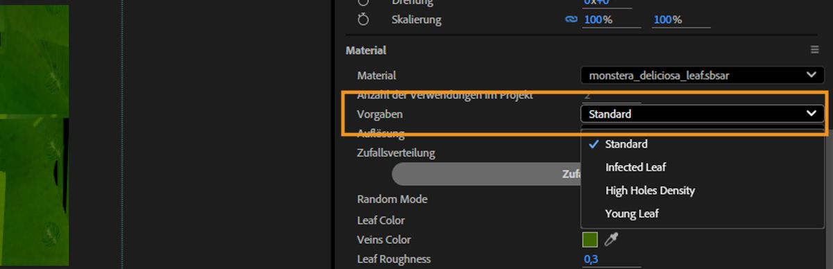 Das Dropdown-Menü für Voreinstellungen unter Material im Eigenschaften-Bedienfeld ist geöffnet und es stehen mehrere Voreinstellungen zur Auswahl.